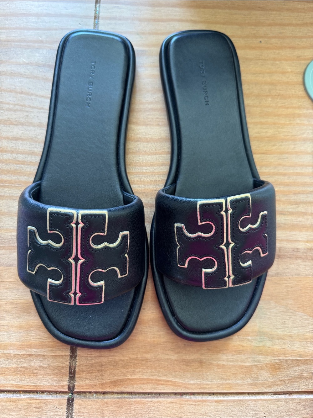 Tory Burch double t sport Black Leather Slide Sandals with gold accents